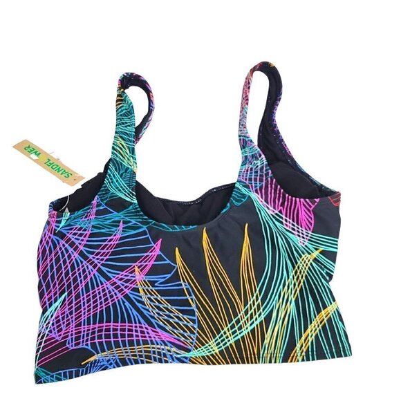 NWT Sandflower Black Neon Multicolor Leaf Front Knot Sleeveless Swim Tank Top - Picture 6 of 6